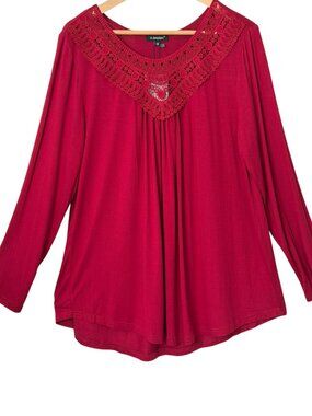 a.Jesdani Red Crochet Lace V-Neck Pleated Tunic Blouse Flowy Relaxed Size 1X